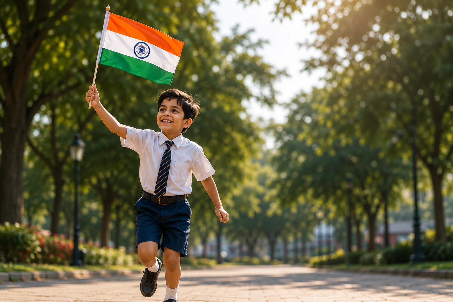 A boy running joyfully with the Indian national flag