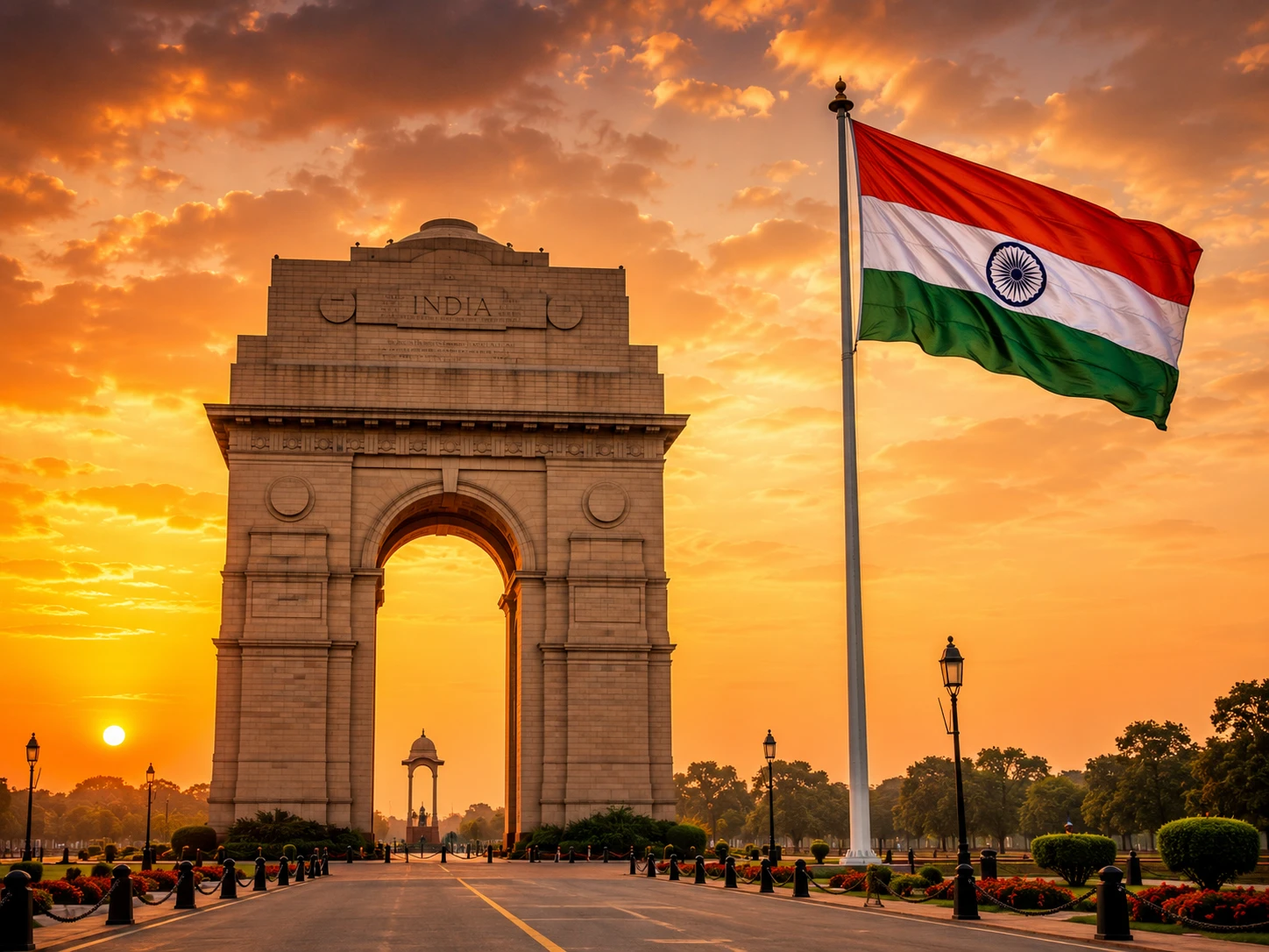 India Gate monument in New Delhi at sunset with the national flag flying