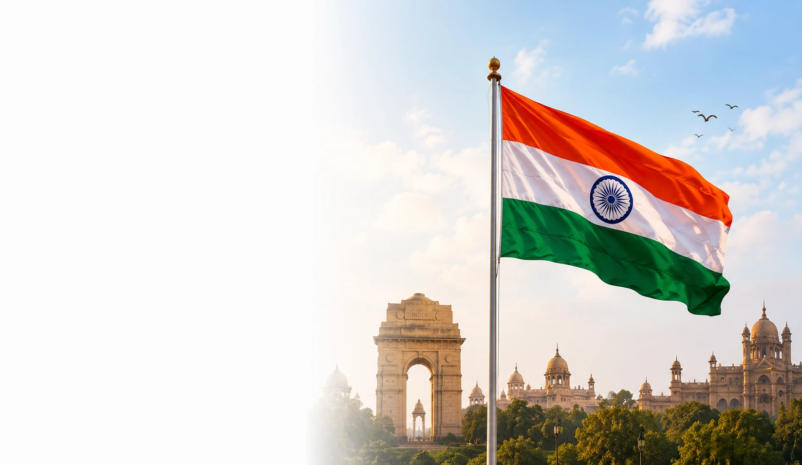 The Indian national flag flying high against a clear sky